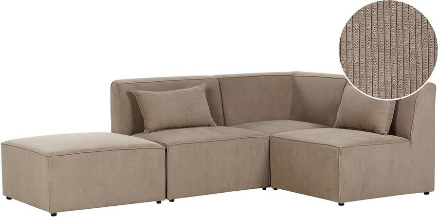Beliani Modulaire hoekbank LEMVIG Corduroy Taupe Met ottomaan 3-zitter Linkerzijde