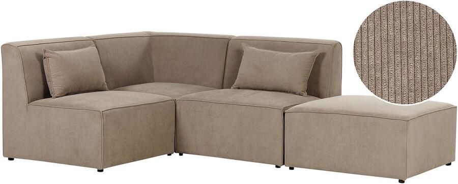 Beliani Modulaire hoekbank LEMVIG Corduroy Taupe Met ottomaan 3-zitter Rechterzijde