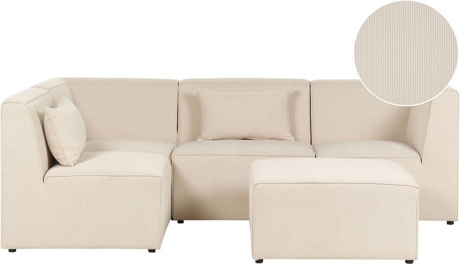 Beliani Modulaire hoekbank LEMVIG Corduroy Lichtbeige Met ottomaan 4-zitter Rechterzijde