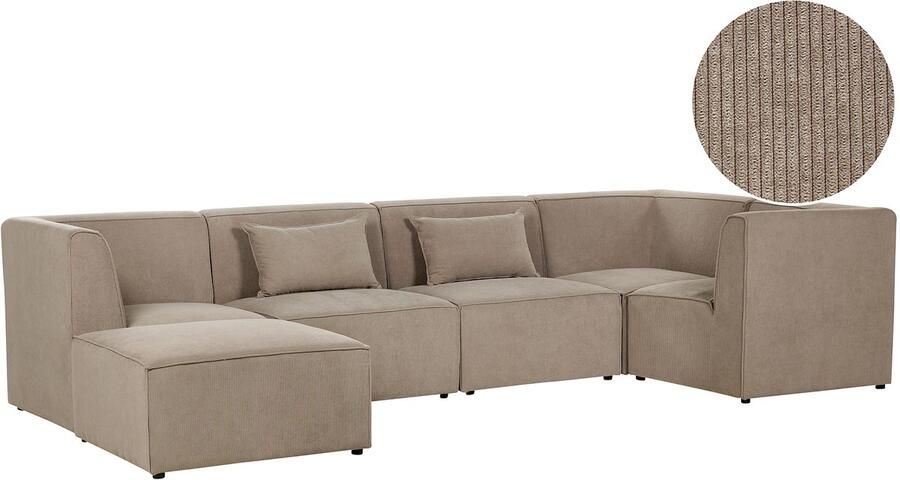 Beliani Modulaire hoekbank LEMVIG Corduroy Taupe Met ottomaan 5-zitter Linkerzijde