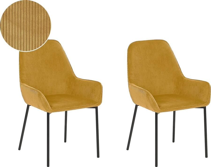 Beliani Set van 2 eetkamerstoelen LOVERNA Corduroy Mosterdgeel - Foto 3