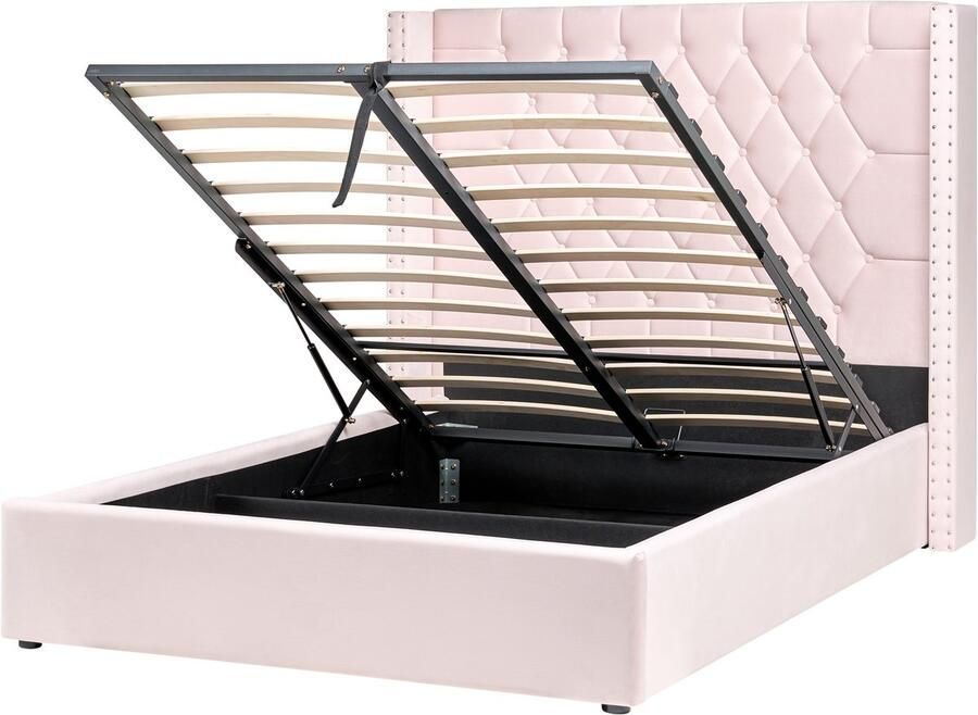 Beliani Bed met opbergruimte Fluweel LUBBON 140 x 200 cm Pastelroze Roze - Foto 2