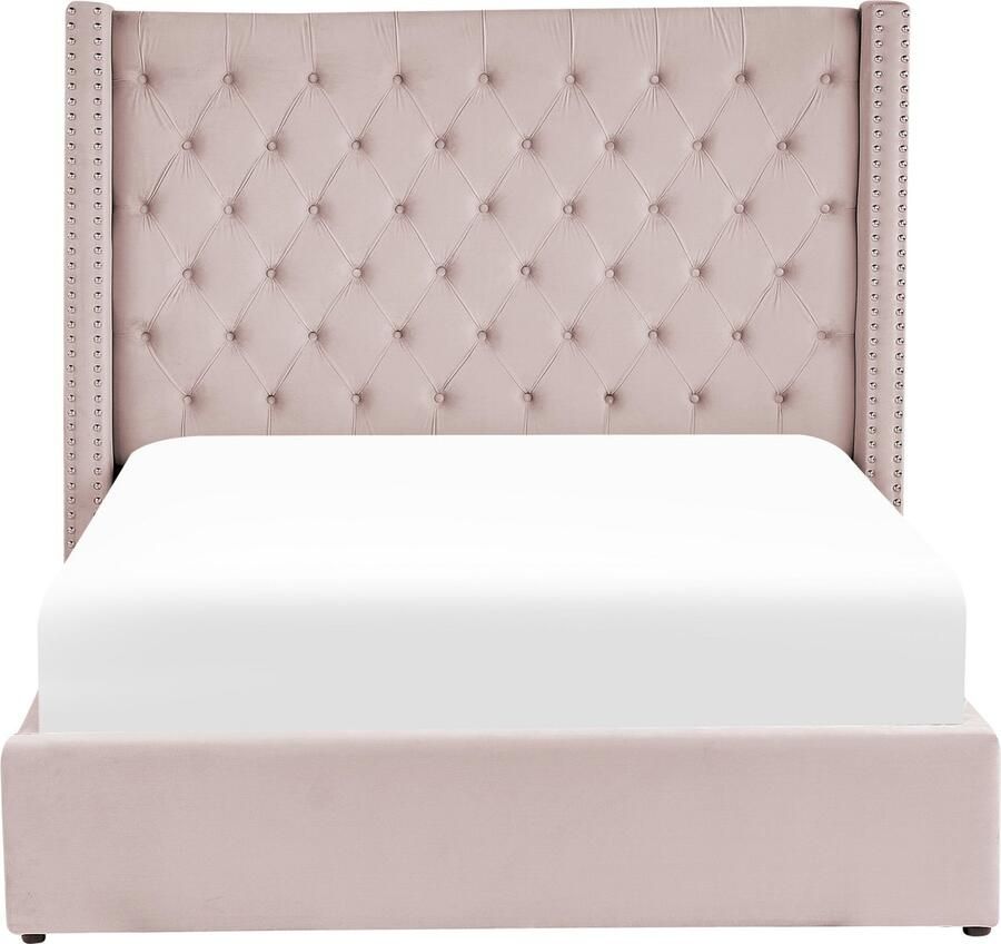 Beliani Bed met opbergruimte Fluweel LUBBON 140 x 200 cm Pastelroze Roze