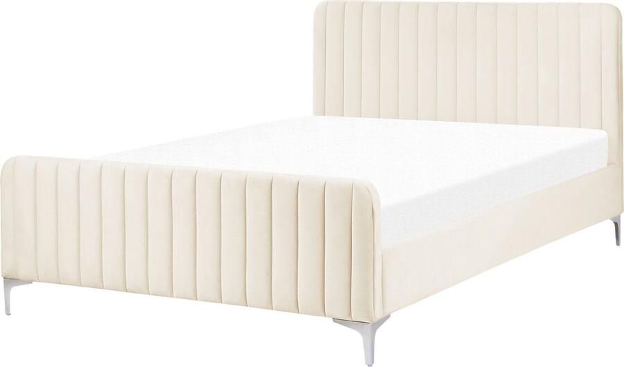 Beliani -LUNAN-Tweepersoonsbed-Lichtbeige-140 x 200 cm-Fluweel