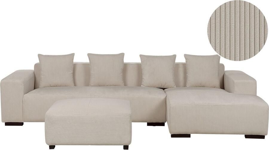 Beliani LUNGO Hoekbank met ottomaan Beige Linkerzijde Corduroy