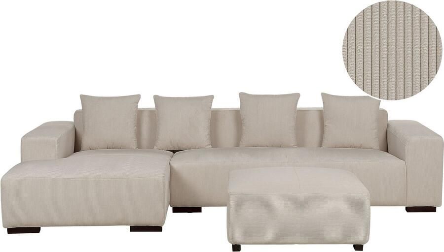 Beliani Hoekbank LUNGO Corduroy Beige Met ottomaan 4-zitter Rechterzijde