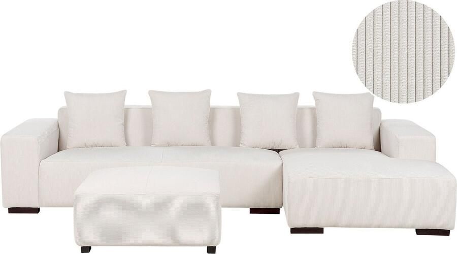 Beliani Hoekbank LUNGO Corduroy Gebroken wit Met ottomaan 4-zitter Linkerzijde