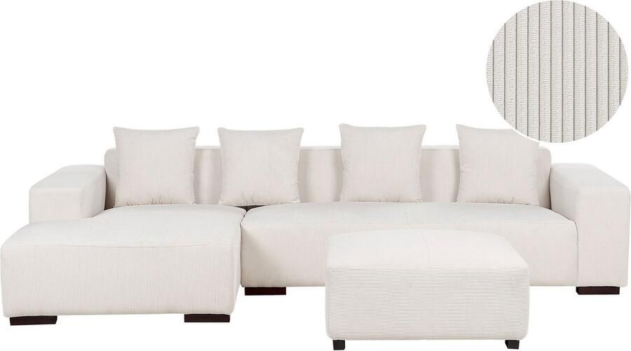 Beliani Hoekbank LUNGO Corduroy Gebroken wit Met ottomaan 4-zitter Rechterzijde
