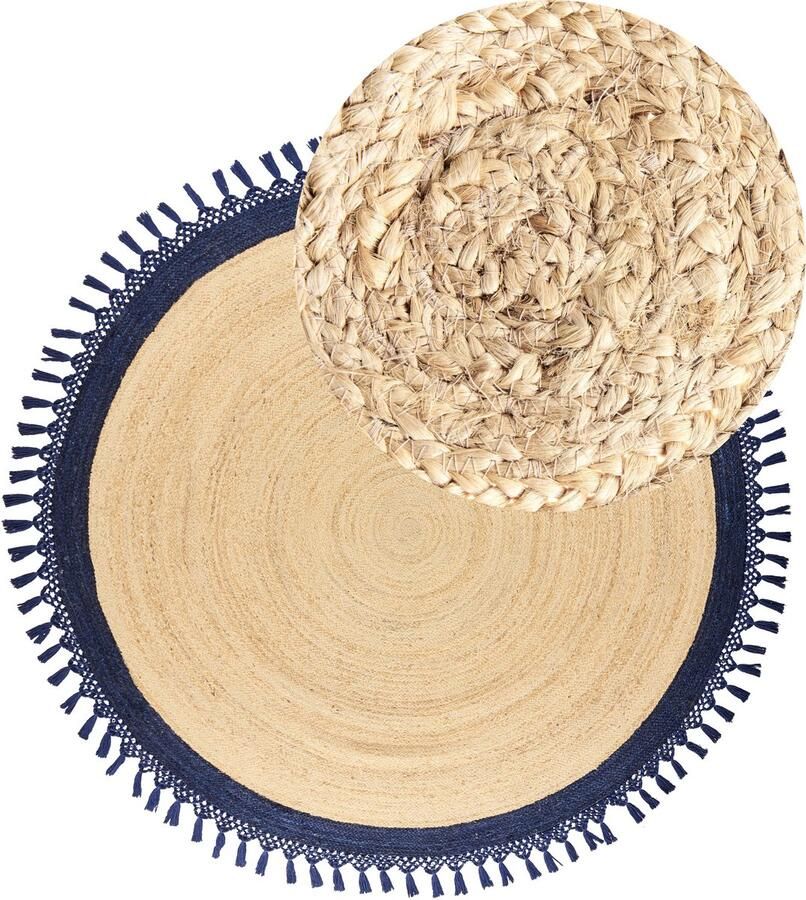Beliani Vloerkleed jute beige donkerblauw ⌀ 200 cm MARTS