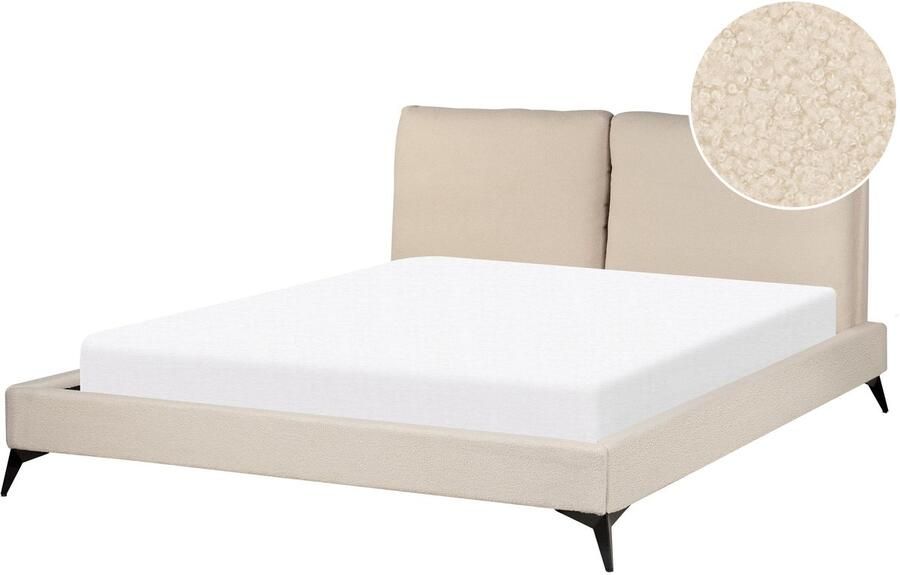 Beliani -MELLE -Tweepersoonsbed-Lichtbeige-160 x 200 cm-Bouclé