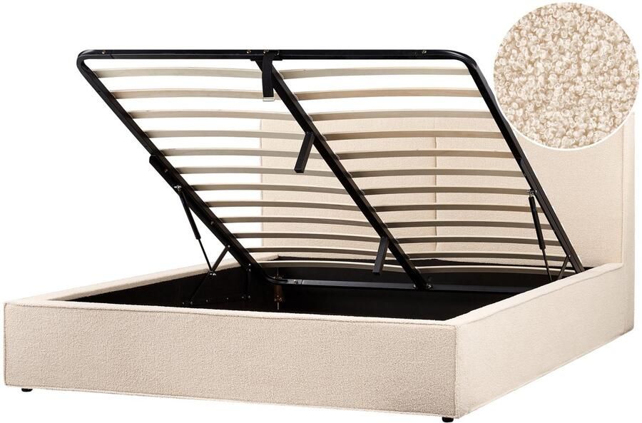 Beliani Bed met opbergruimte Bouclé MOISSAC 180 x 200 cm Beige