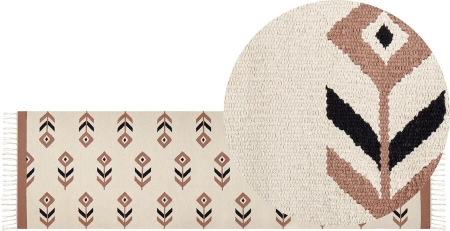 Beliani NIAVAN Vloerkleed Beige zwart 80 x 300 cm Katoen