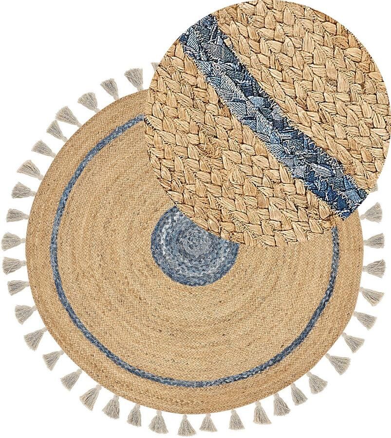 Beliani OBAKOY Laagpolig vloerkleed Beige Blauw ø 140 cm Jute