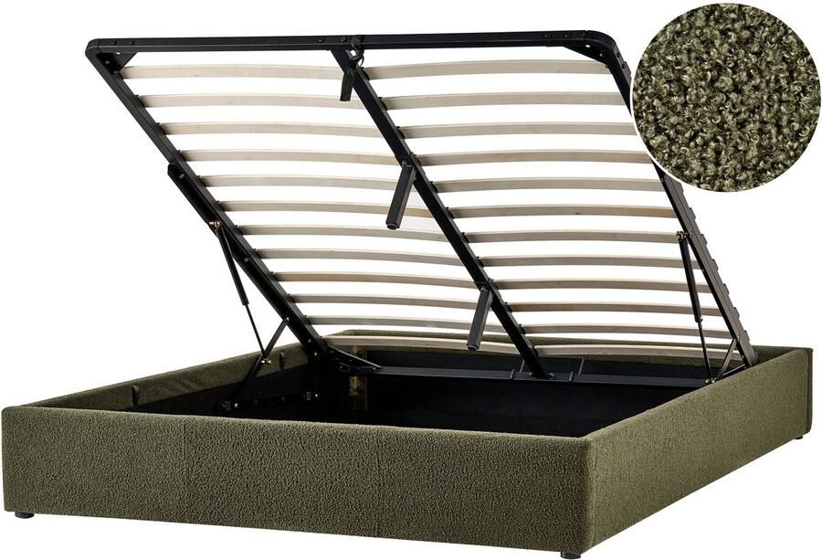 Beliani Opbergbed zonder hoofdbord Bouclé DINAN 160 x 200 cm Donkergroen