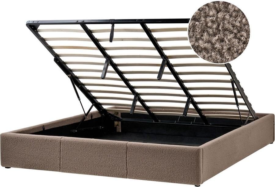 Beliani Opbergbed zonder hoofdbord Bouclé DINAN 180 x 200 cm Taupe