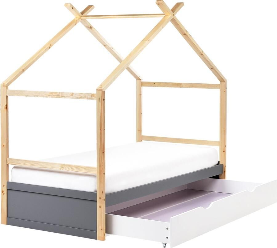 Beliani Kinderbed Huis Dennenhout ORGEVAL 90 x 200 cm met opbergruimte Grijs