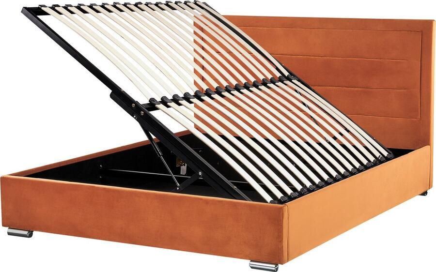 Beliani Bed met opbergruimte Fluweel ROUEN 180 x 200 cm Oranje