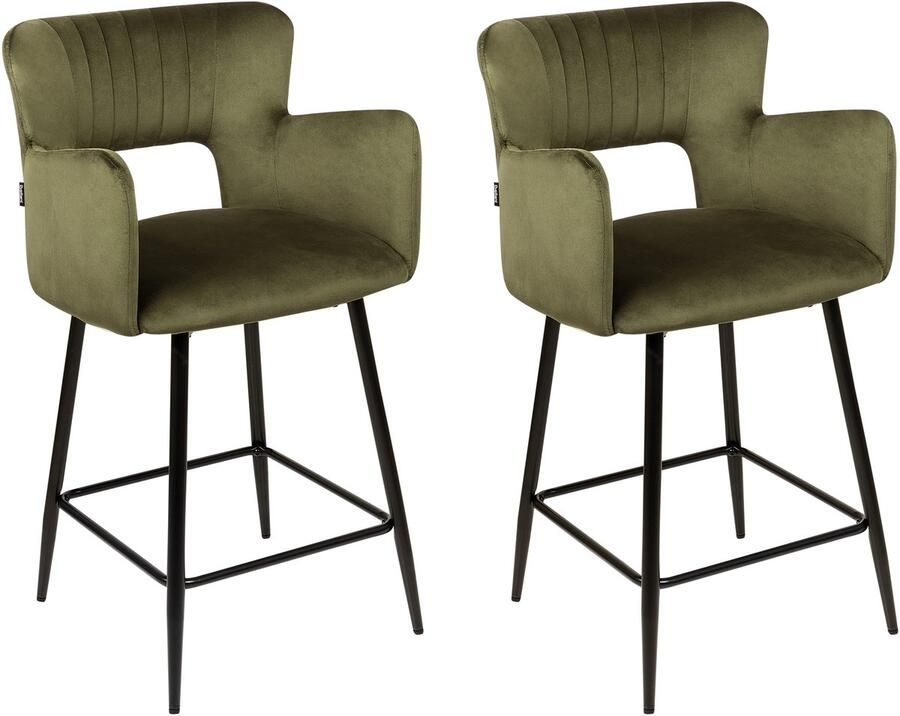 Beliani SANILAC Barkruk set van 2 Olijfgroen Fluweel