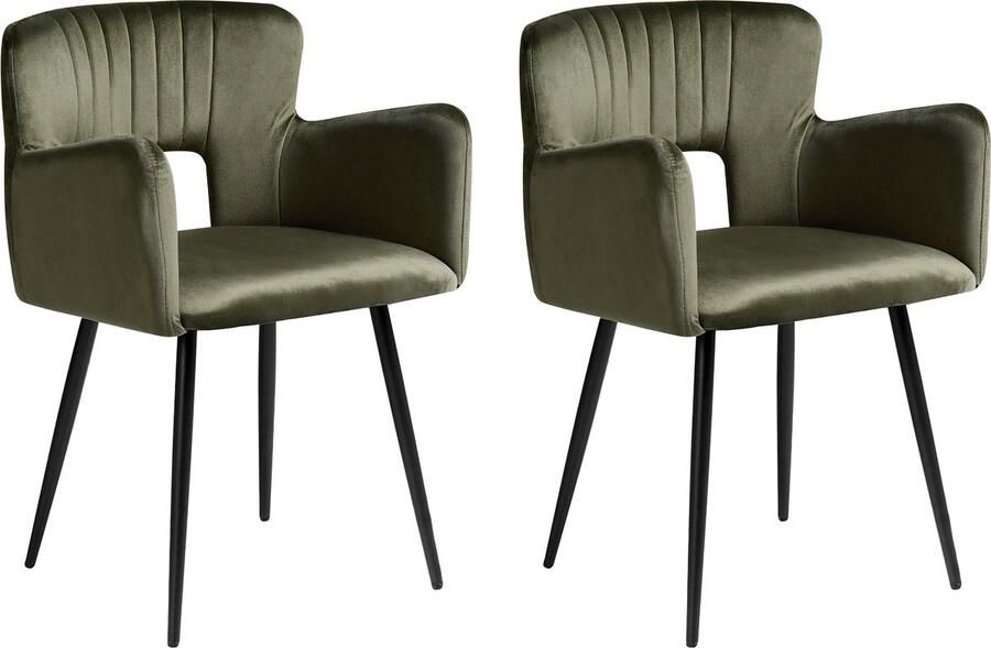 Beliani Set van 2 eetkamerstoelen SANILAC Fluweel Olijfgroen - Foto 2