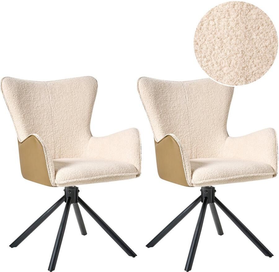 Beliani Set van 2 eetkamerstoelen Draaibaar NOVI Bouclé Lichtbeige