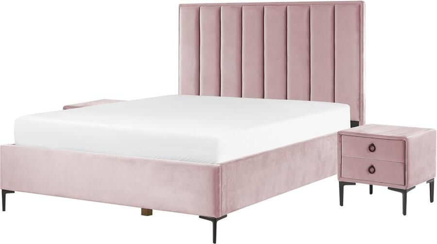 Beliani Slaapkamerset Fluweel SEZANNE 160 x 200 cm Roze
