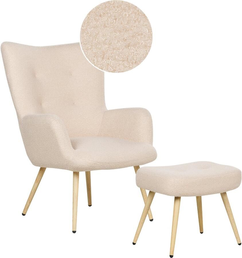 Beliani Oorfauteuil VEJLE met voetenbank Bouclé Beige