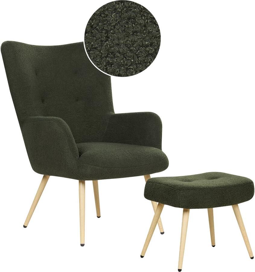 Beliani Oorfauteuil VEJLE met voetenbank Bouclé Donkergroen