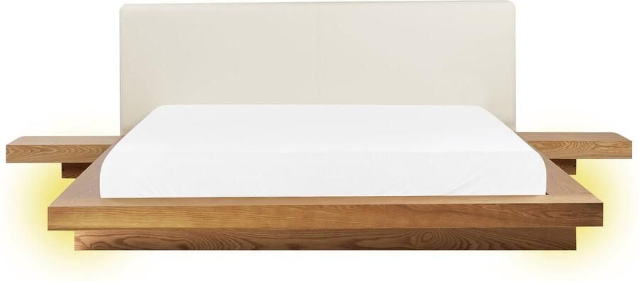 Beliani Bed met LED-verlichting Kunstleer ZEN 160 x 200 cm Natuurlijk essenhout