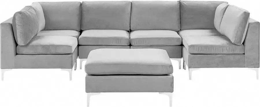 Beliani Modulaire U-vormige bank EVJA Fluweel Grijs Met ottomaan 6-zitter
