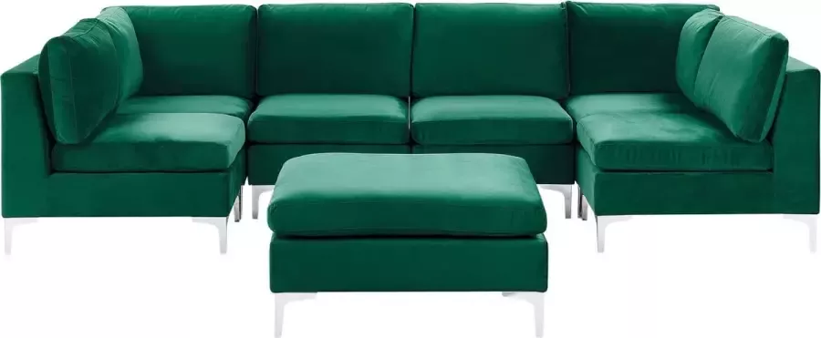 Beliani Modulaire U-vormige bank EVJA Fluweel Groen Met ottomaan 6-zitter