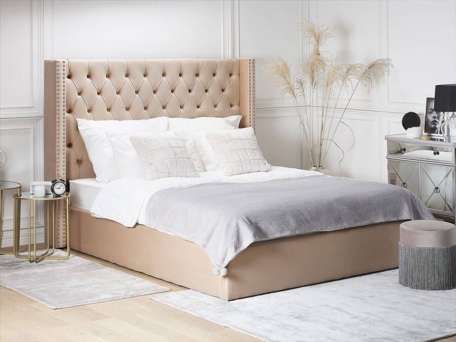 Beliani LUBBON Bed met opbergruimte Beige 180 x 200 cm Fluweel - Foto 1