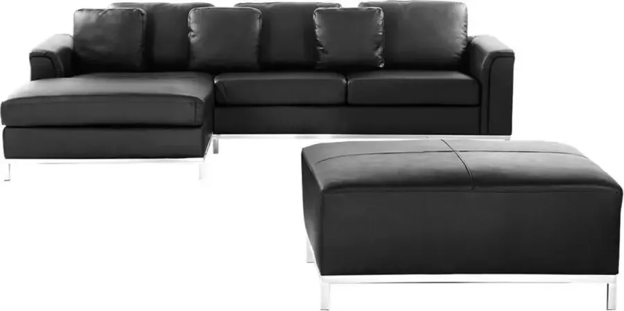 Beliani Hoekbank OSLO Leer Zwart Met ottomaan 5-zitter Rechterzijde