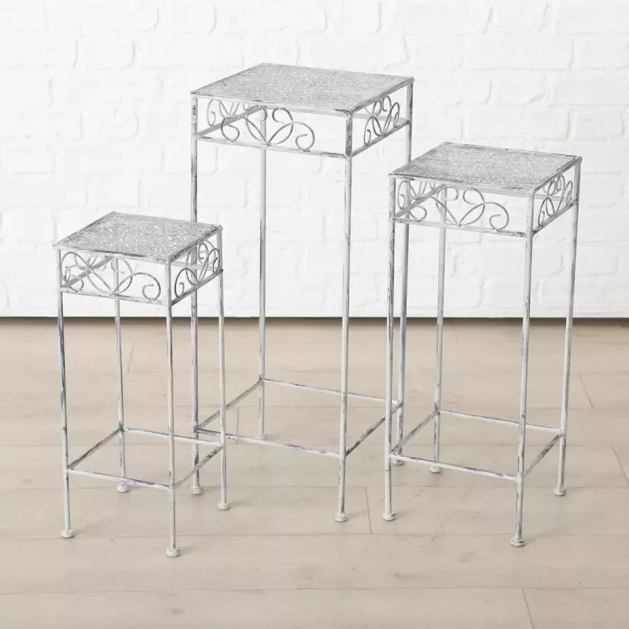 Bellatio Decorations Set van 3x vierkante bijzettafels plantenstandaards Lilli 50 60 70 cm Lichtgrijze brocante plantenhouders plantentafels