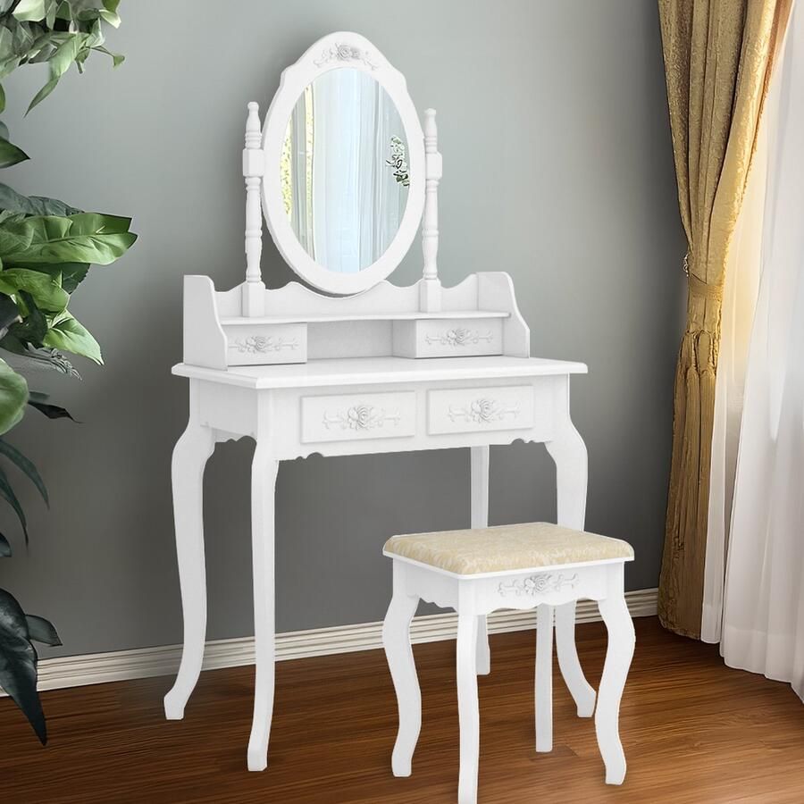 Bellavio Kaptafel met spiegel Make-up Tafel 360 Graden Roterende Spiegel met 4 lades met Krukje Wit