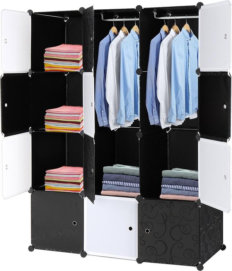 Bellavio Kledingkast Modulaire kledingkast 12 Opslagvakken met Opslagstangen Garderobekast Slaapkamerkast 105x45x140cm Kunststof Wit