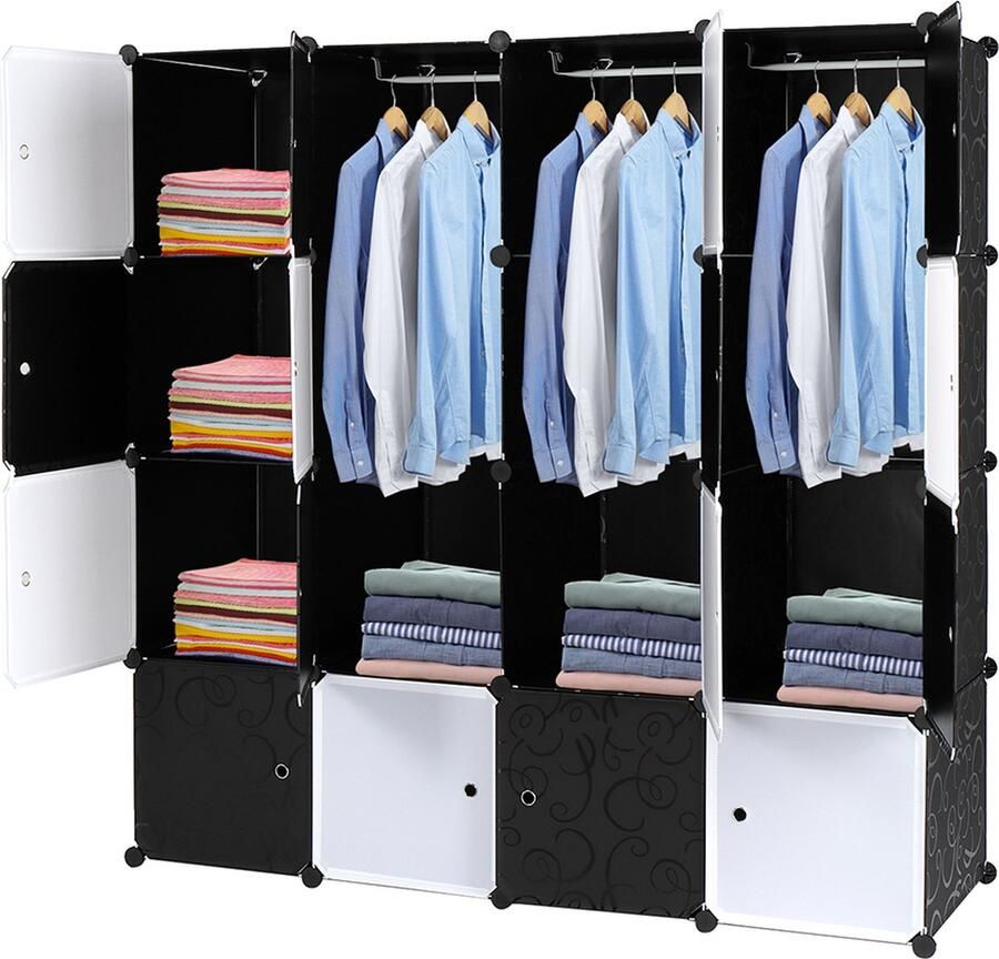 Bellavio Kledingkast Modulaire kledingkast 16 Opslagvakken met Opslagstangen Garderobekast Slaapkamerkast 140x45x140cm Kunststof Zwart en Wit