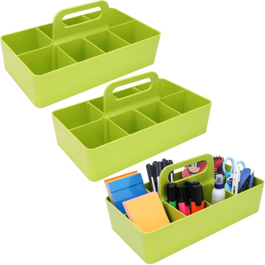 BELLE VOUS 3 Pak Groene Plastic Bureau Organizer Caddy s met Handvat 17 x 33 x 8 cm Draagbare Opslag Houder met 8 Compartimenten voor Kantoorspullen Pennen Potloden & Knutselbenodigdheden
