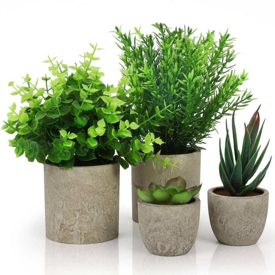 BELLE VOUS 4 Pak Artificiële Binnen Potplanten Kleine Nep Plastic Eucalyptus Slangen Tong Gras & Vetplanten Faux Groen voor Kantoor Bureau Tafel Slaapkamer Keuken Huisdecoratie
