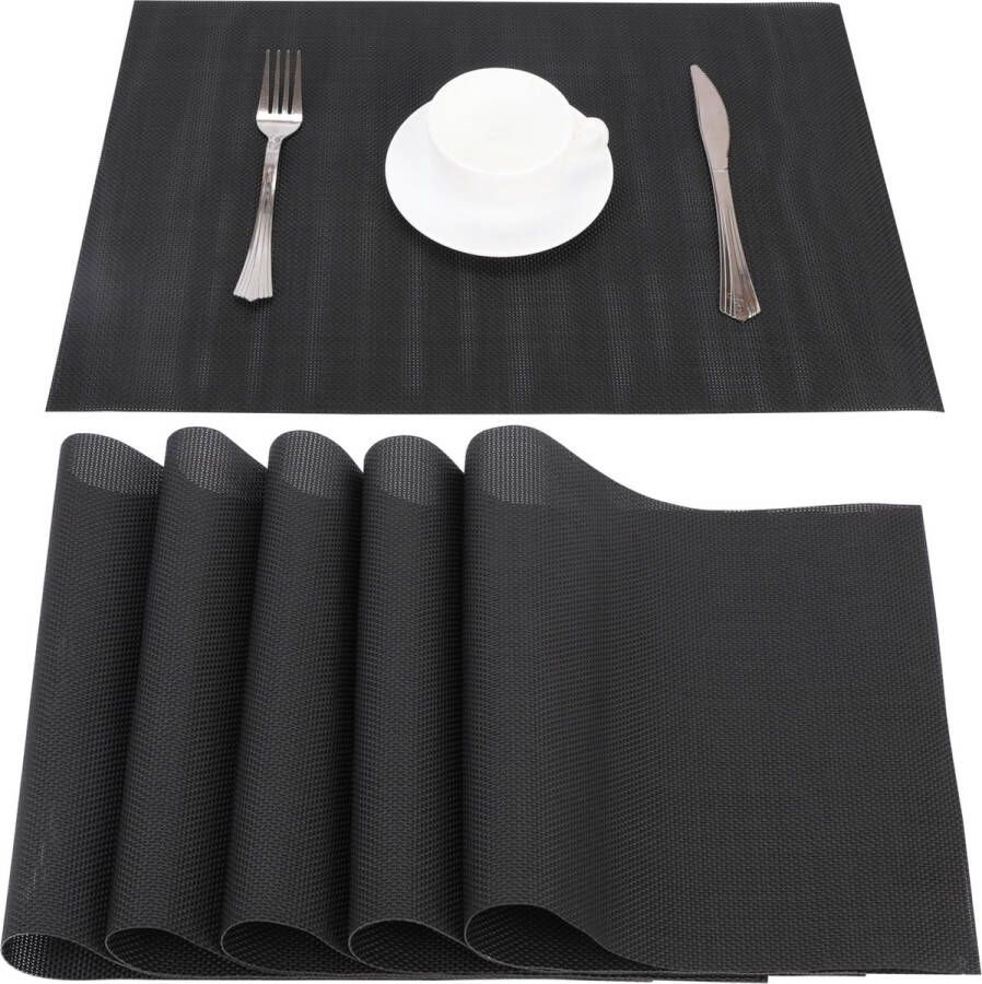 BELLE VOUS 6 Pack of Plain Black PVC Placemats Non-Slip PVC & Washable Place Mats Easy To Clean Heat Resistant & Waterproof Table Mats for Kitchen Dining Table Restaurant and Hotel