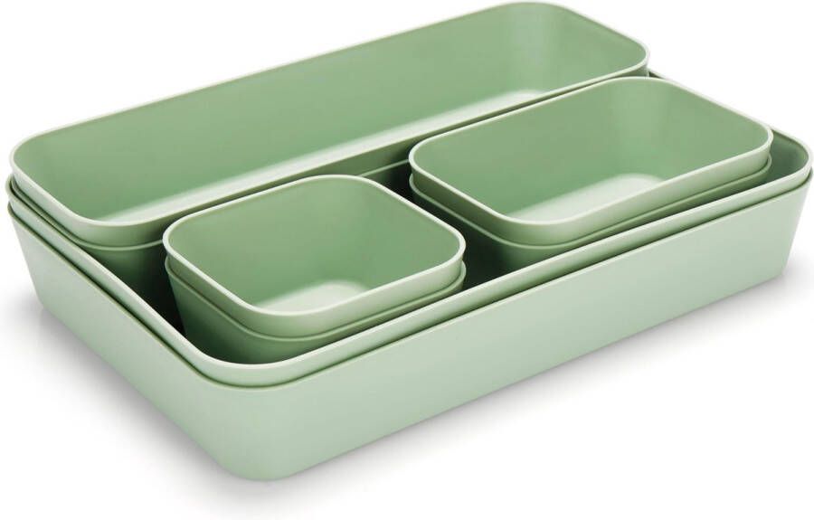 BELLE VOUS 8 Stuks Groene Lade Organizer Tray Set Plastic Bureau Lade Verdelers Opslag Verdelers voor Badkamer Kantoor Slaapkamer of Keuken Organizer Doosjes voor Make-up & Sieraden