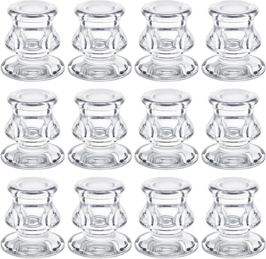 BELLE VOUS 12 Pak Doorzichtig Glazen Kaars Houders Elegante Taps Toelopende Pilaar Kaars Kandelaar Set Tafel Kopstuk Decoratie voor Bruiloft Festival Huis Dinerkamer Kerk of Valentijnsdag