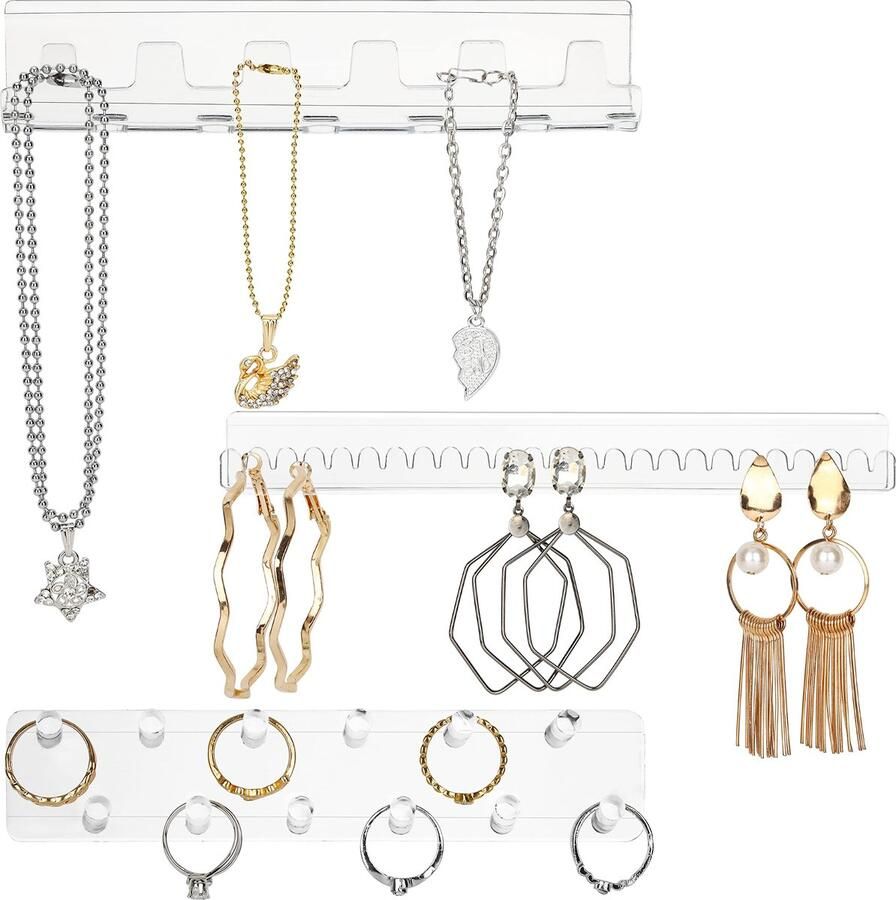 BELLE VOUS 3 Pak Doorzichtig Acryl Ketting Sieraden Houders Set van Zelfklevende Muur Gemonteerde Haken & Pinnen Hangende Display voor Kettingen Ringen Armbanden & Oorbellen Opslag Houder