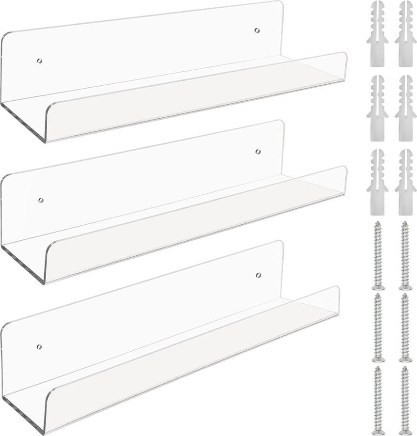 BELLE VOUS 3 Pak Doorzichtige Zwevende Boekenplank – Acryl Muurgemonteerde Planken – Decoratieve Afbeelding Plank Rand Voor Woonkamer Keuken Badkamer & Kantoor – Ideaal Voor Opslag en Display