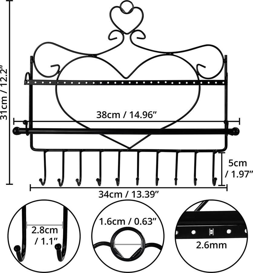BELLE VOUS Muurgemonteerde Zwart Metalen Hart Vorm Sieraden Organizer – L34 x H31 cm – 28 Gaten 12 Haken & Balk – Display Houder voor het Ophangen van Kettingen Oorbellen Armbanden en Ringen