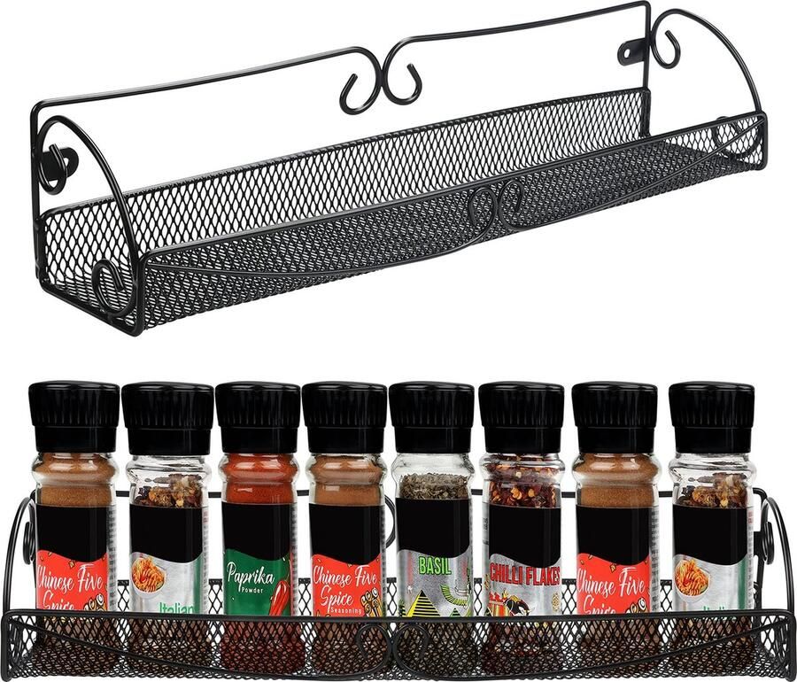 BELLE VOUS Zwart Muur Gemonteerde Keuken Kruiden Opslag Rek (2 Pak) – Enkel Laags Hangende Organizer Plank Stijl Rekken Voor Potten en Smaakmakers – Ruimtebesparende Houder Voor Kastdeuren & Kelder