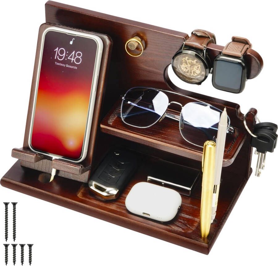 BELLE VOUS Donkerbruin Houten Telefoon Docking station Nachtkast Tafel Organizer Telefoon Beurs Horloge Sleutel & Gadget Houder Standaard Jubileum Verjaardagsgeschenk voor Mannen Accessoires