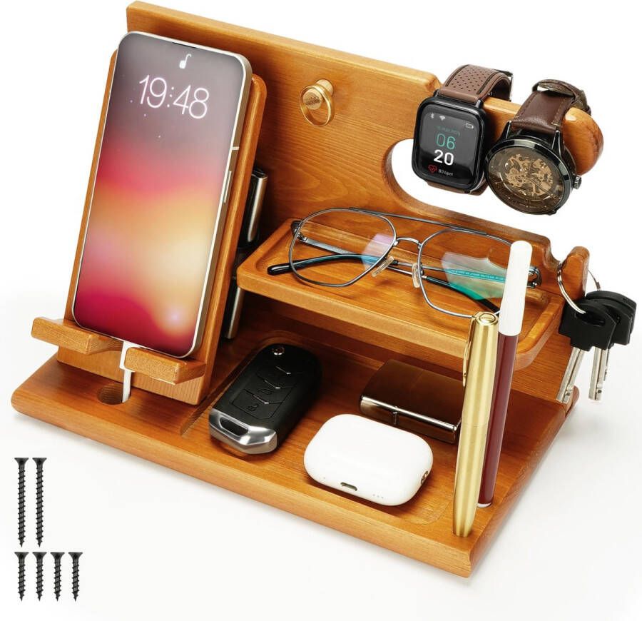 BELLE VOUS Lichtbruin Houten Telefoon Dockingstation Nachtkast Tafel Organizer Telefoon Beurs Horloge Sleutel en Gadget Houder Standaard Jubileum Verjaardagsgeschenk voor Mannen Accessoires