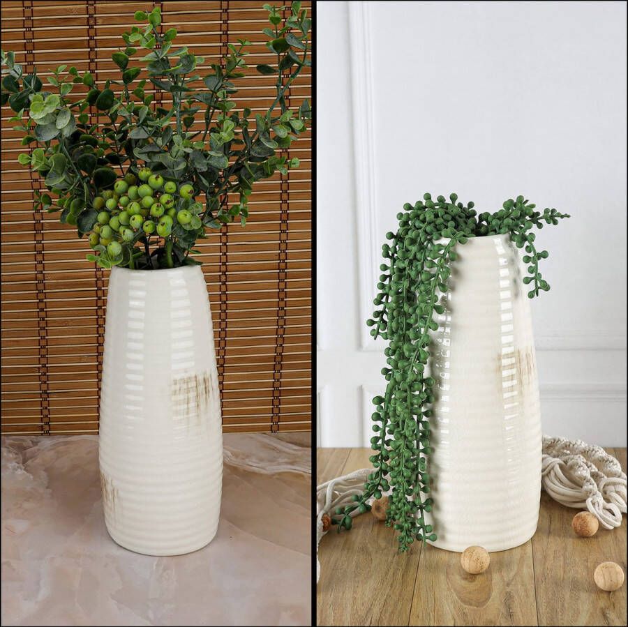 BELLE VOUS Retro Witte Keramische Geribbelde Vaas Modern Boeren Decoratieve Vaas Rustiek Huis Decor Ideaal voor Pampagras & Bloemen Boekenplank Haardmantel Tafel Hal en Woonkamer Decoratie