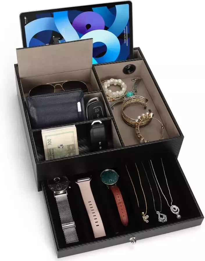 BELLE VOUS Zwart Faux Leren 5 Compartimenten Valet Nachtkast Organizer Tray Bureau Opslag Doos voor Beurs Telefoon Sleutels Sieraden Heren Accessoires Geld Manchetknopen Allesvanger