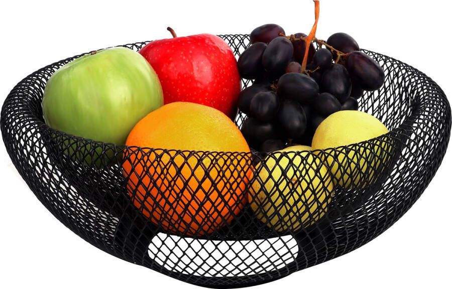 BELLE VOUS Zwart Metalen Fruit Mand – 24 cm – Decoratieve Opslag Houder Schaal Voor Fruit Groente & Brood – Voor Keukens Huis Tafel Decor Kopstukken en Keukenbladen
